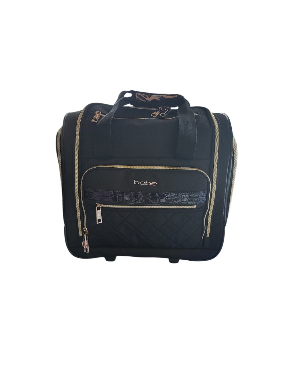 Bebe Underseat Rolling Travel Bag Black Weekend Carry On Gold Hardware - Picture 3 of 8